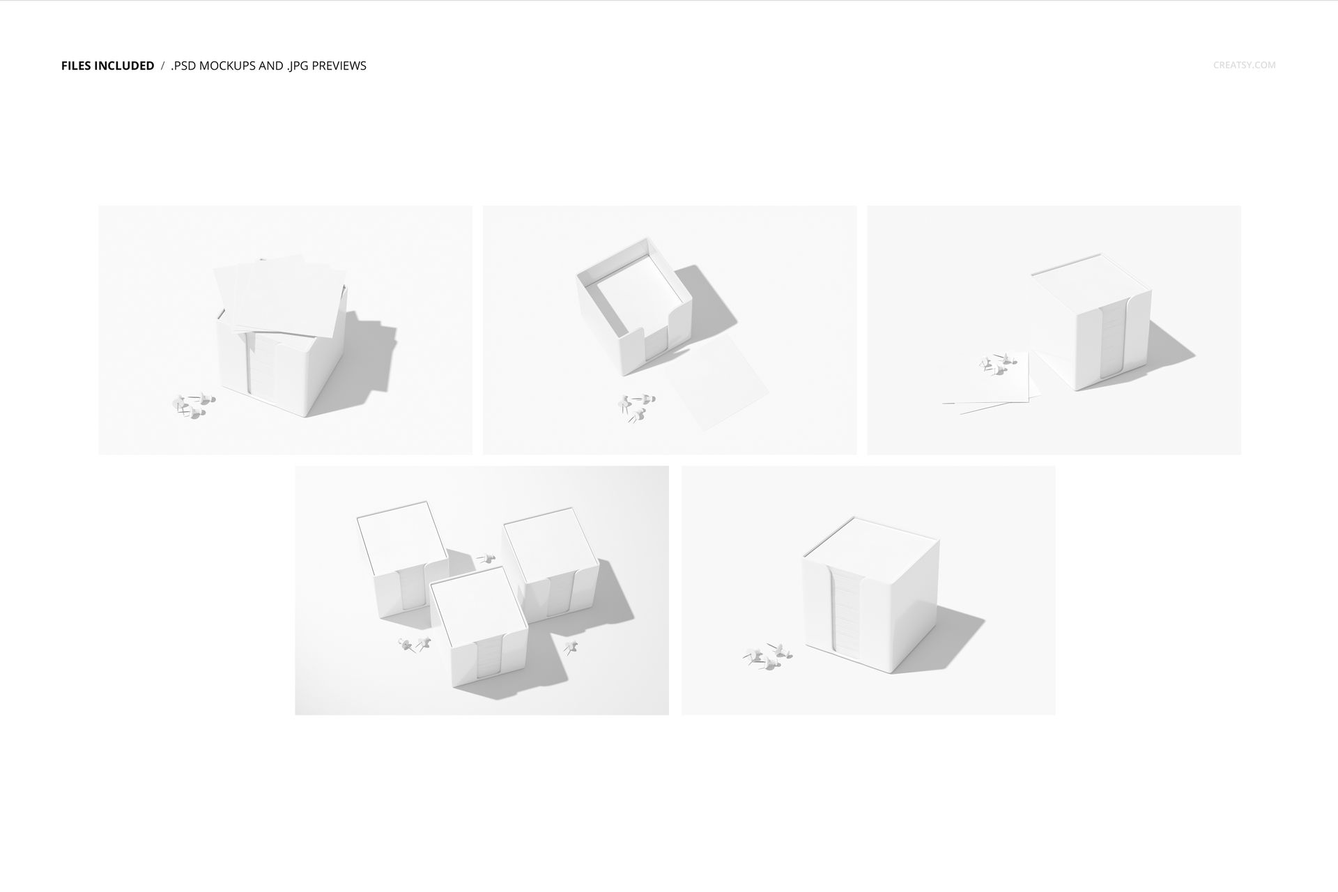 Five mockup scenes of memo block cubes in clear acrylic holders, shown from various angles on a white background.