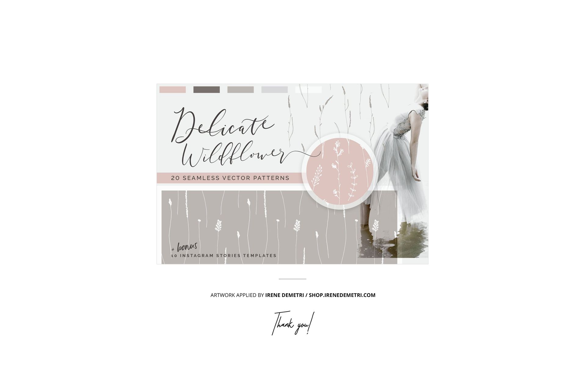 Front view of pins and silk ribbons mockup featuring soft pastel colors and delicate wildflower patterns.