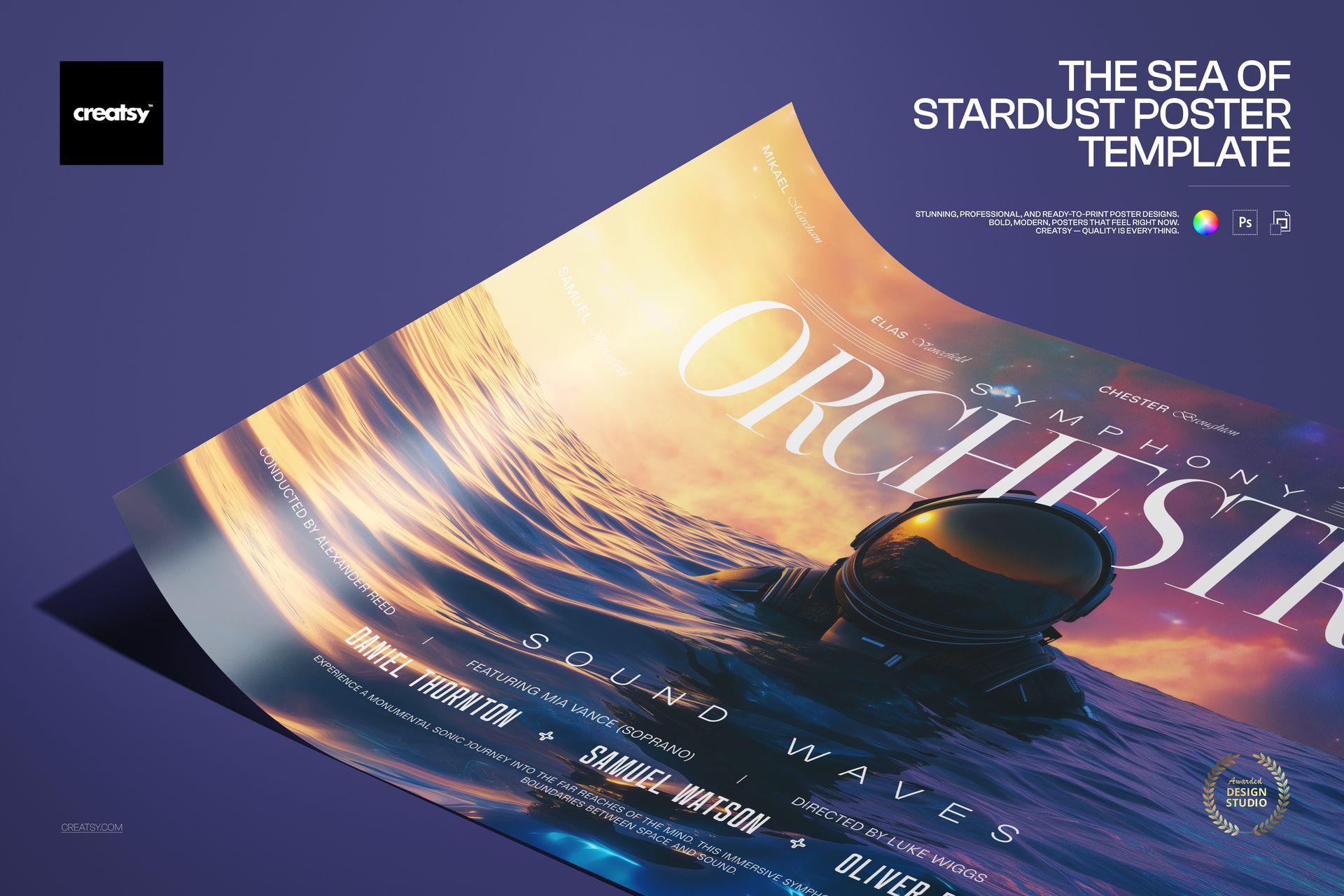 Front view of a poster mockup featuring an astronaut floating in a sea of stardust with vibrant sunset colors.