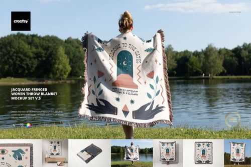 Jacquard fringed throw blanket mockup displayed outdoors, featuring geometric and nature-inspired designs.