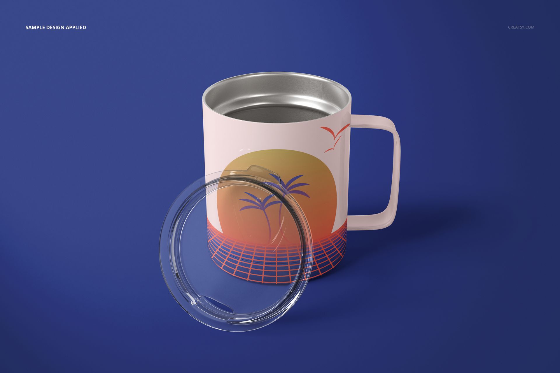 10oz stainless steel coffee cup with a sunset and palm tree design, shown with clear lid on a blue background.