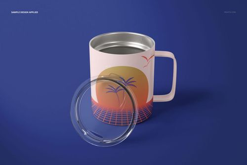 10oz stainless steel coffee cup with a sunset and palm tree design, shown with clear lid on a blue background.