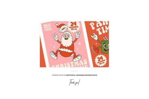Close-up of party greeting card mockup with playful holiday illustrations, including Santa and a gift box, set against colorful backgrounds.