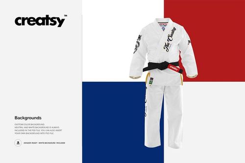 Front view of a Brazilian Jiu Jitsu uniform mockup with a black belt, displayed on a white and colored background.