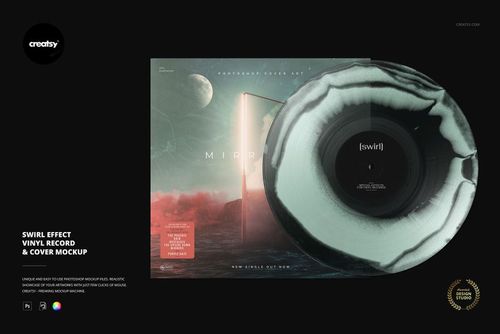 Front view of a swirl effect vinyl record with a black and white marbled pattern, placed over a music album cover mockup.