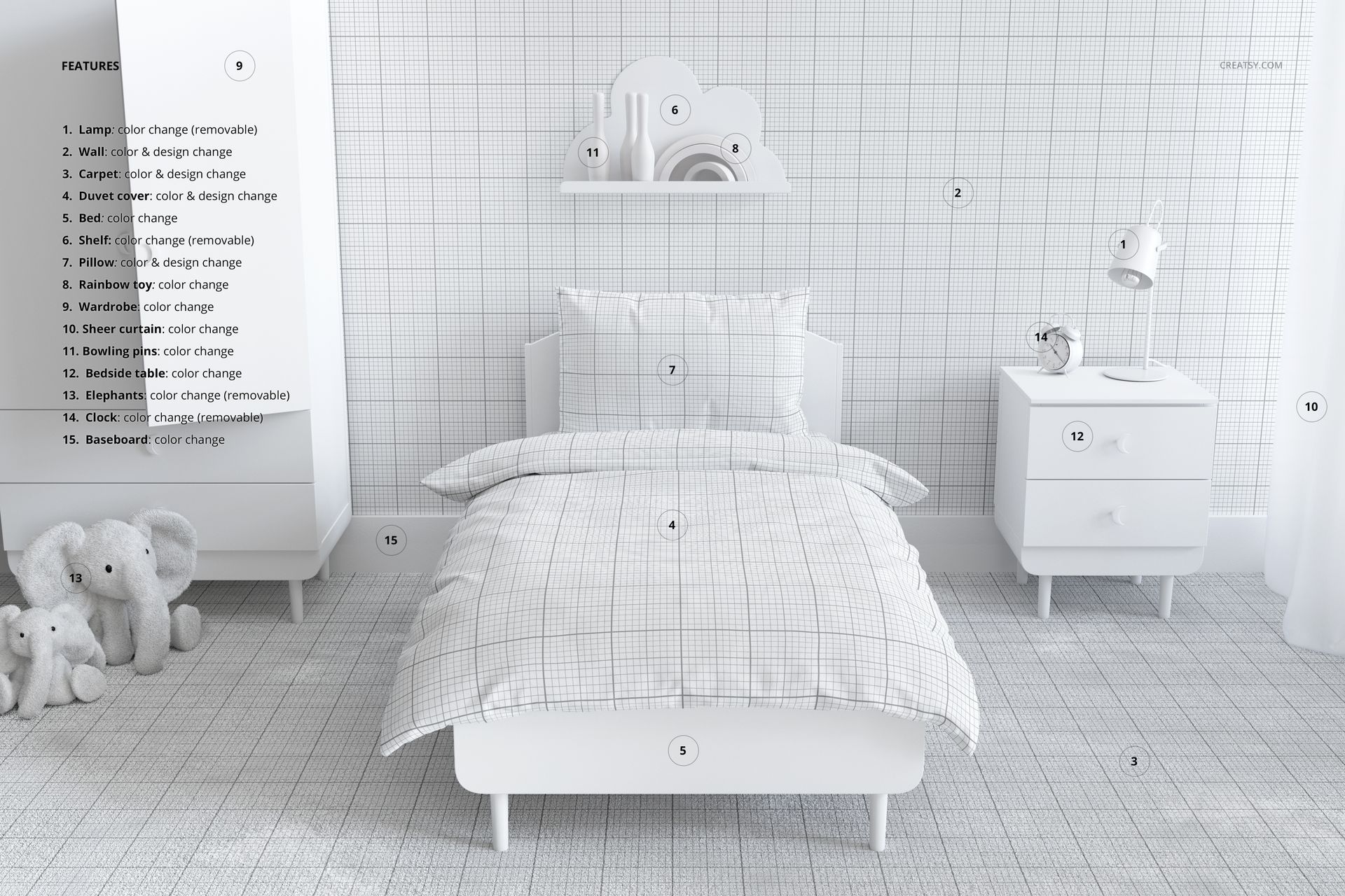 Kids bedding mockup set featuring a single bed with grid-patterned duvet and pillow in a minimalist white room.