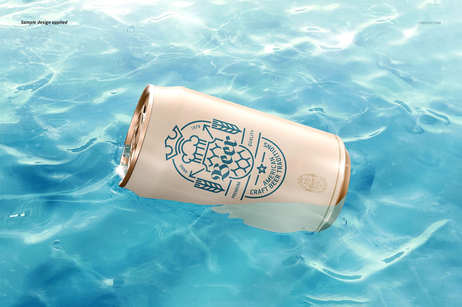 Mockup of a beverage can with minimalist blue artwork, shown partially submerged in bright blue water.