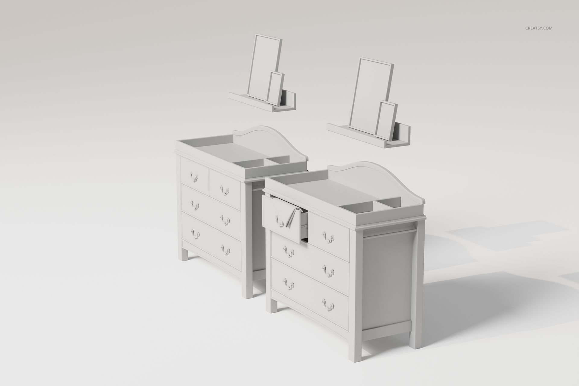 Front view of two white nursery dressers with three drawers each, shown with matching wall shelves and rectangular mirrors.