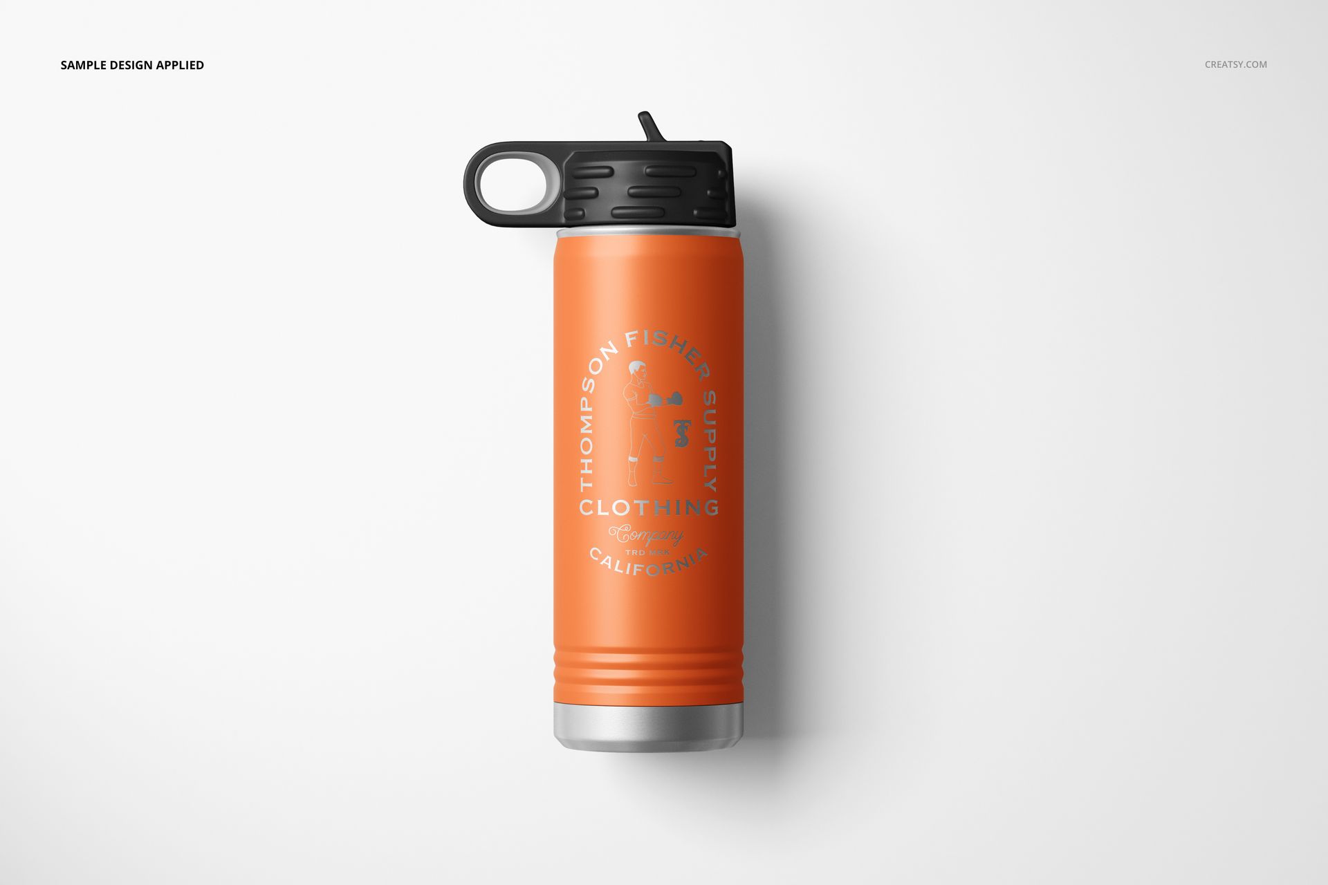 Powder coated orange water bottle mockup with black cap and silver bottom, displayed from above on plain surface.