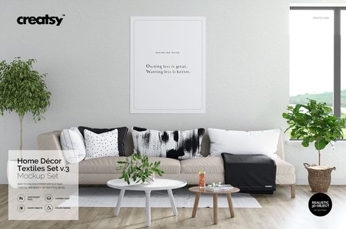 Home décor textiles mockup showing a sofa with monochrome pillows, a throw blanket, and a minimalist wall art.