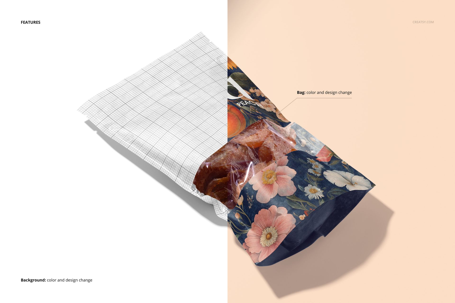Front view of a dried peach paper pouch mockup, half in grid template and half with floral pattern, showing dried fruit inside.