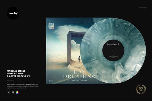 PSD mockup showing a marbled vinyl record with swirling blue and white tones, overlapping a colorful illustrated album cover.