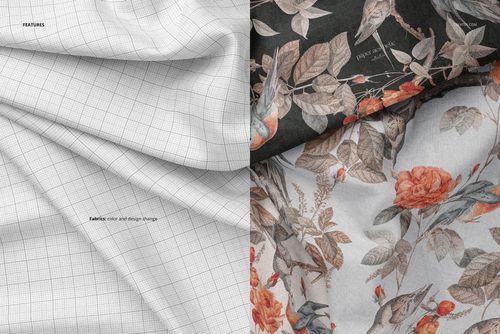 Front view of creased fabric mockup showing two types of fabric, one with a grid pattern and one with floral bird design.