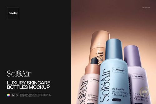 PSD mockup scene featuring multiple skincare bottles with minimalist labels against a clean, gradient background.