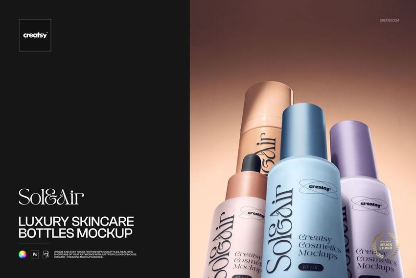 PSD mockup scene featuring multiple skincare bottles with minimalist labels against a clean, gradient background.