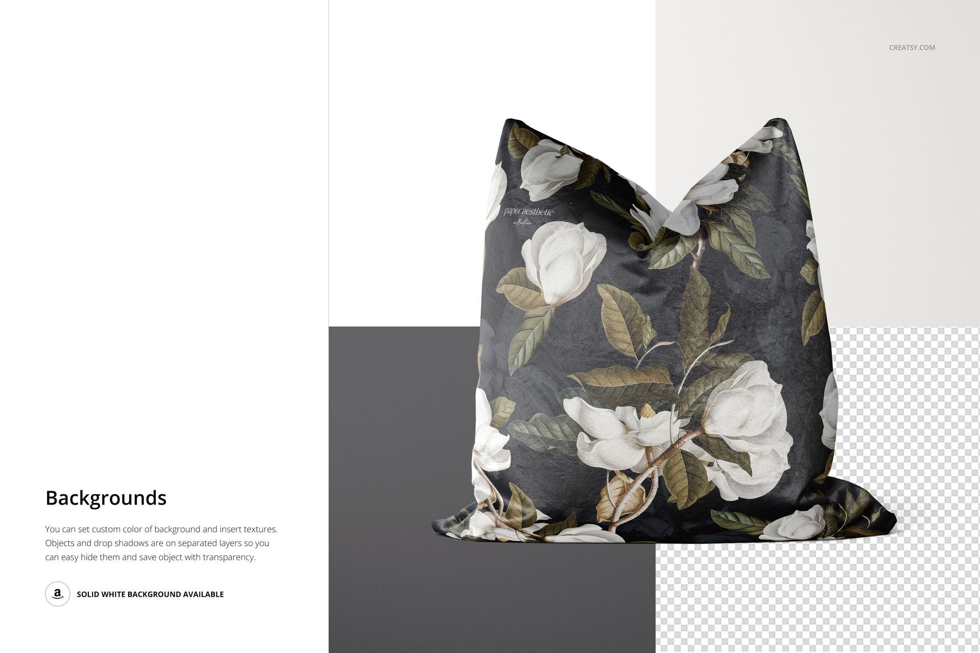 Front view of a decorative velvet pillow with a white floral pattern on a dark background, shown in a studio mockup setting.