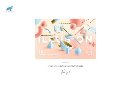 Front view of paper bags mockup set featuring pastel geometric shapes and abstract objects on a light background.