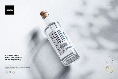 Classic corked glass bottle mockup featuring a transparent bottle with a wooden cork, front view on a light background.