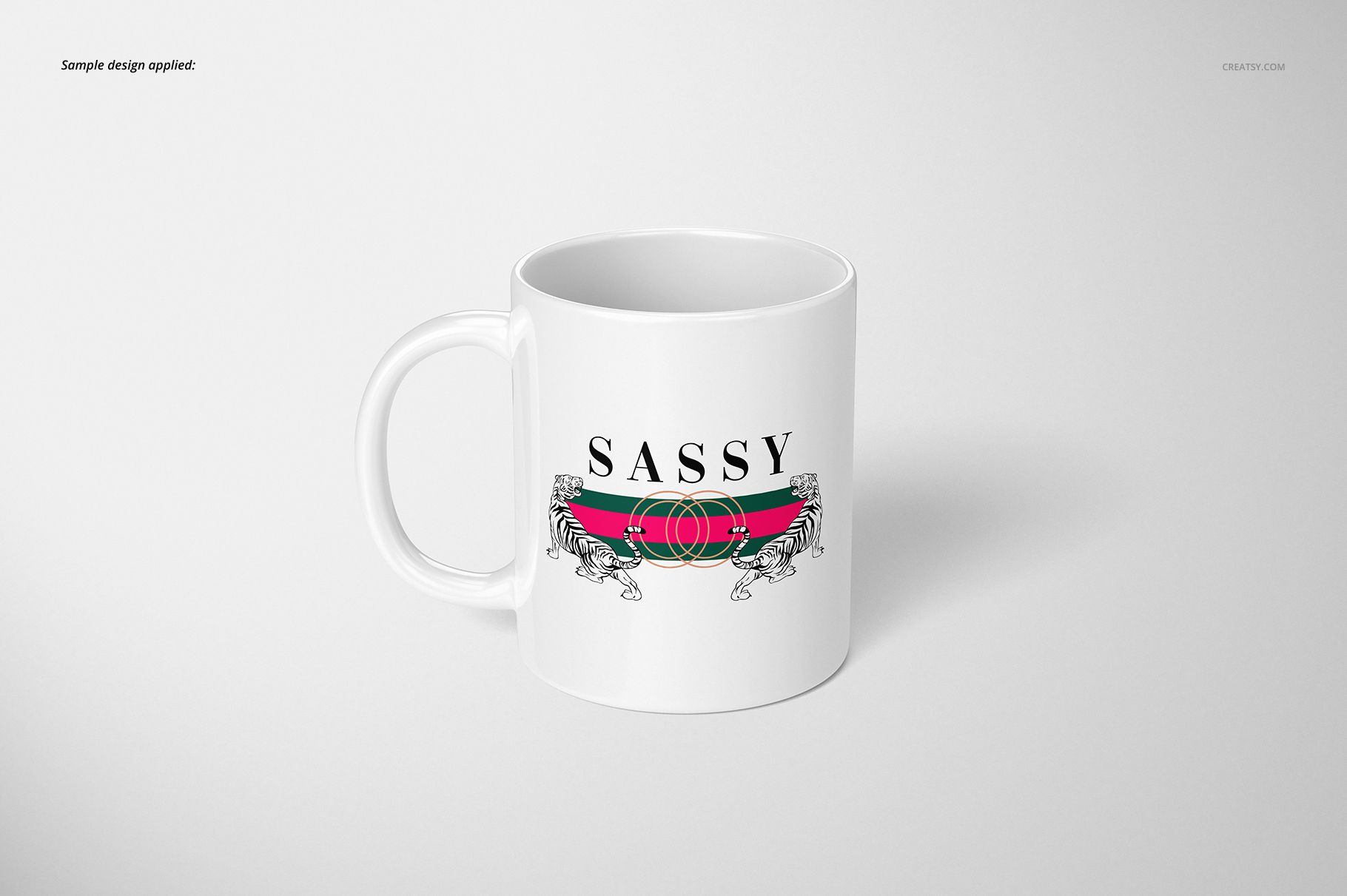 White 11oz mug with a front view, featuring a bold 'SASSY' text and decorative stripes and tiger illustrations.