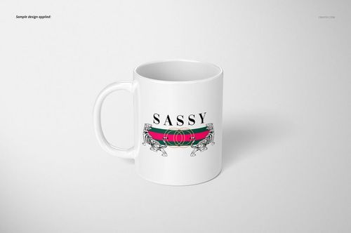 White 11oz mug with a front view, featuring a bold 'SASSY' text and decorative stripes and tiger illustrations.