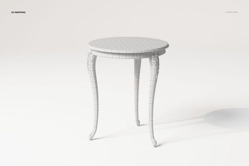 Round vintage side table with carved details, shown in a 3D wireframe view against a plain white background.
