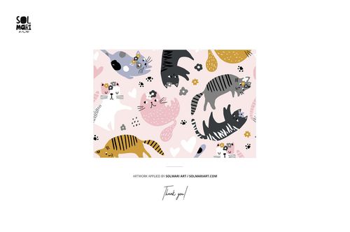 Mockup design showing colorful cartoon cats and decorative motifs, arranged in a lively, child-friendly composition.