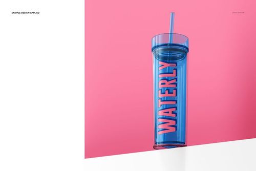 Blue acrylic tumbler mockup displayed vertically with a matching straw on a slanted white and pink surface.