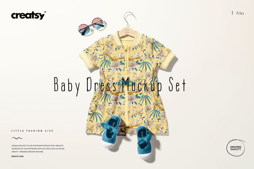 Front view of a baby dress mockup with a yellow pattern, paired with blue shoes and sunglasses on a light background.