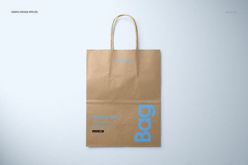 Kraft paper shopping bag mockup shown from above, with simple blue lettering and a clean, light background.