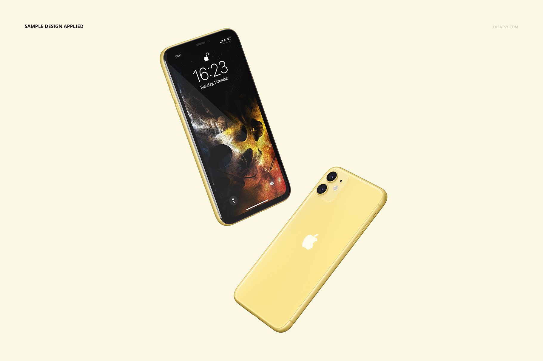 Yellow iPhone 11 mockup set featuring one device with a vivid screen and another showing the back, on a light backdrop.