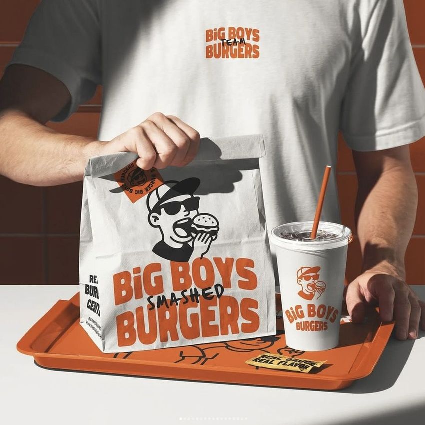 Man holding a fast food bag mockup on an orange tray with a branded cup, wearing a matching t-shirt against a tiled background.