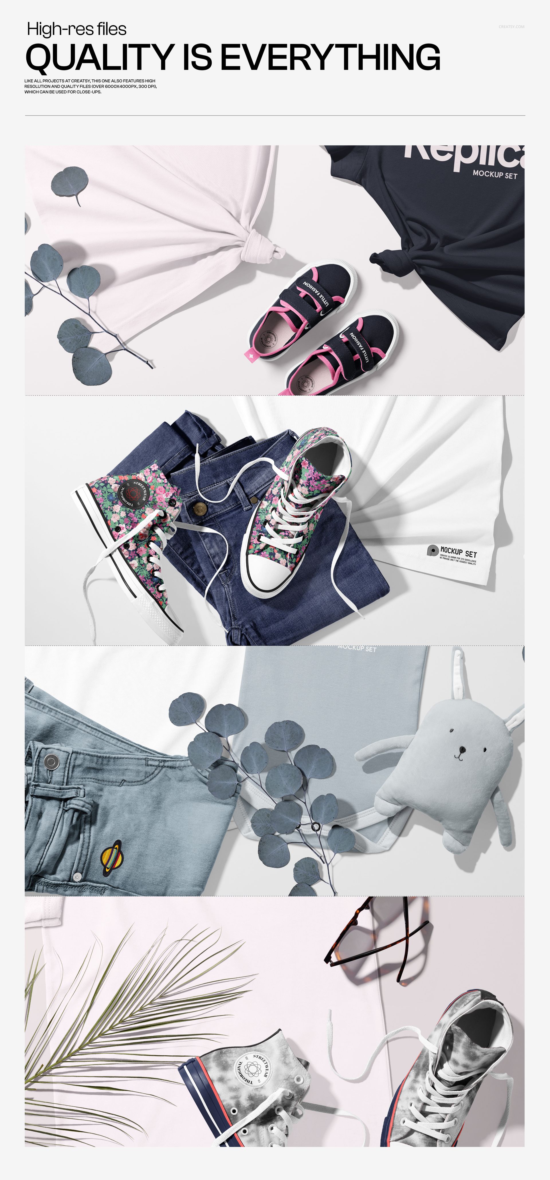 Front view of various adult t-shirts and casual shoes arranged with props like denim, sunglasses, and plush toy in a mockup scene.