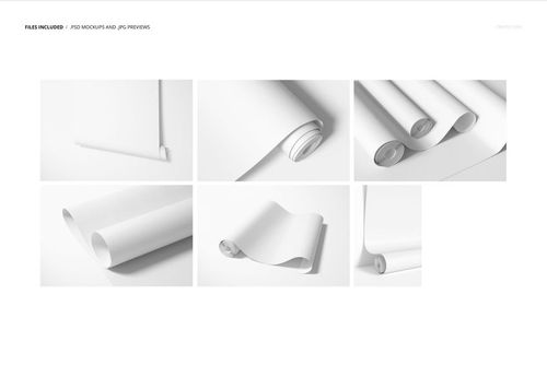 Set of six paper wallpaper mockups showing blank white rolls and sheets from various angles on a plain background.