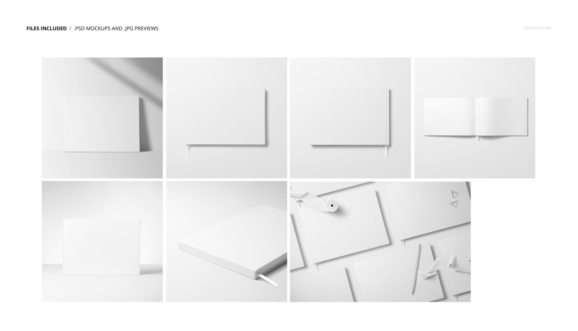 Landscape wedding guest book mockup set featuring blank books in various angles and arrangements on a white background.