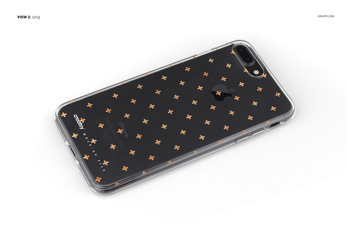 Transparent iPhone 7 Plus case featuring a repeating gold cross design, displayed in a realistic PSD mockup.