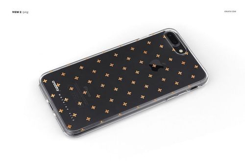 Transparent iPhone 7 Plus case featuring a repeating gold cross design, displayed in a realistic PSD mockup.