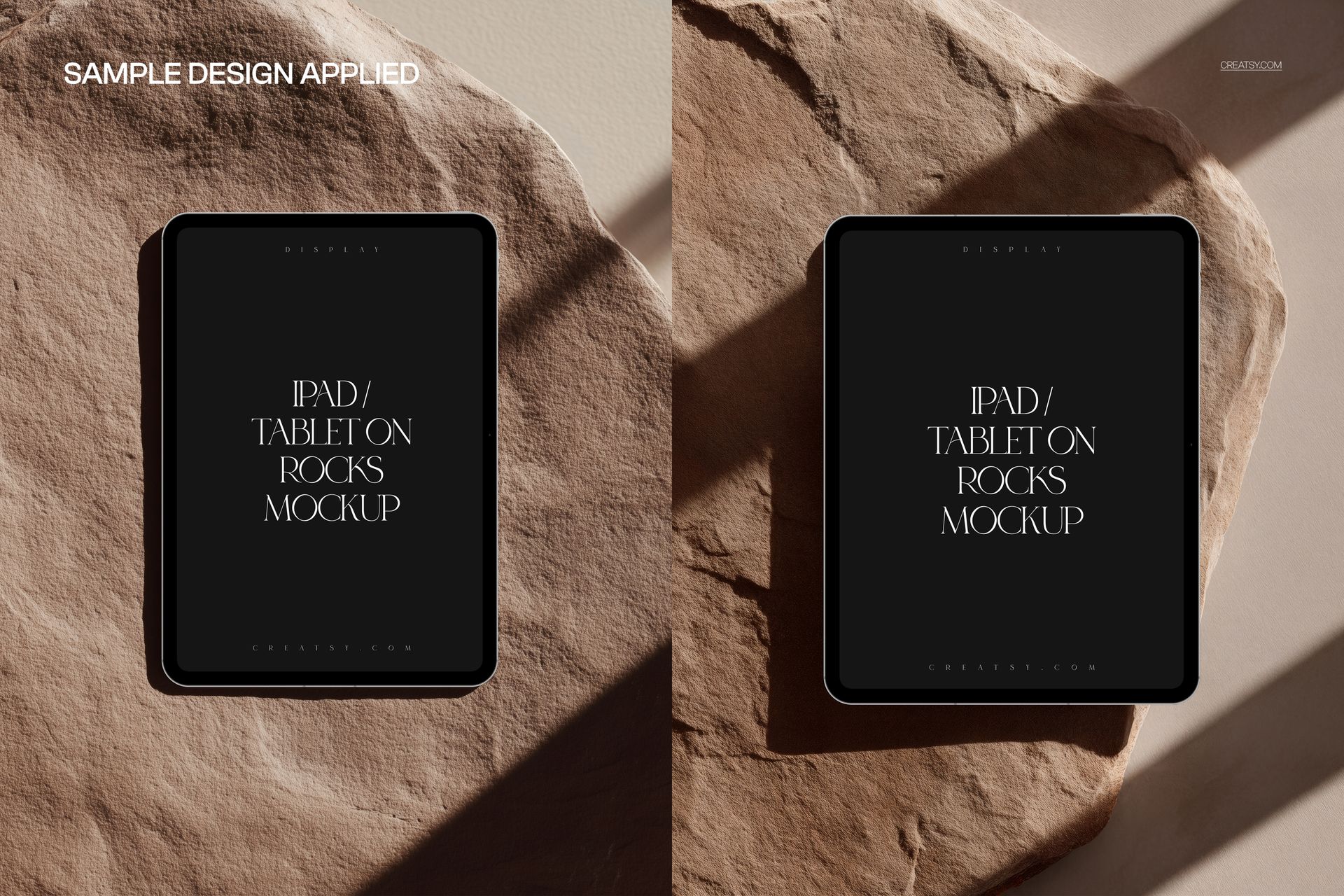 iPad Pro PSD mockup featuring two tablets on stone surfaces, both screens displaying dark backgrounds in sunlight.