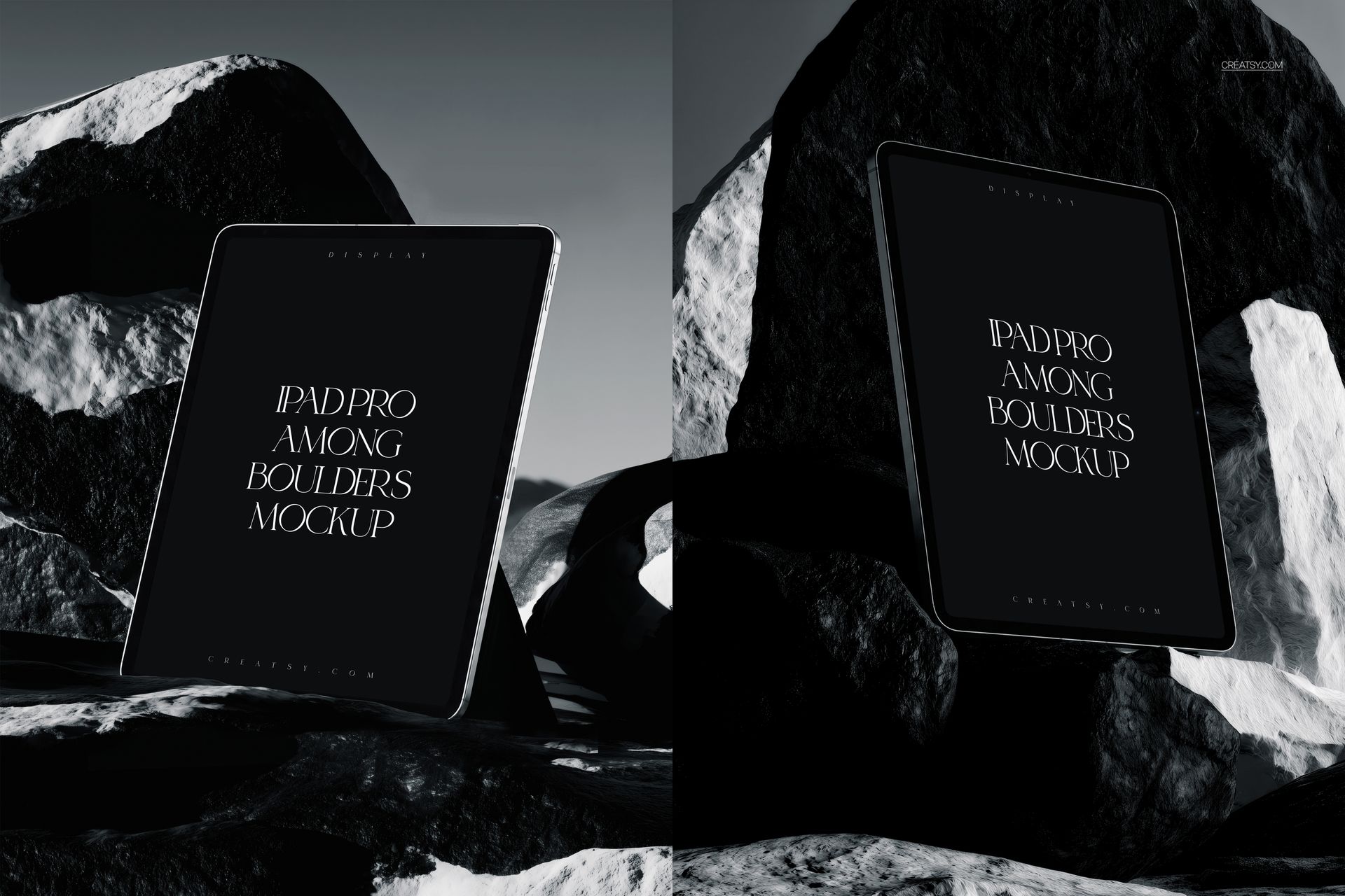 PSD mockup featuring an iPad Pro standing upright between textured boulders in a monochrome rocky landscape.