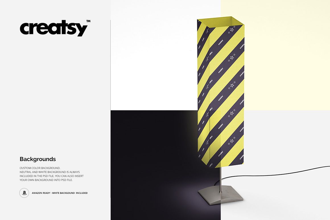 Rectangular lampshade mockup featuring yellow and black diagonal stripes, shown on a metal stand with a white and black background.