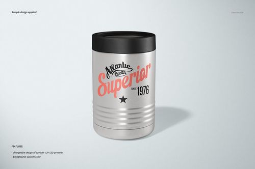 Stainless steel can cooler mockup shown upright, featuring a bold graphic design and subtle shadow on a light background.