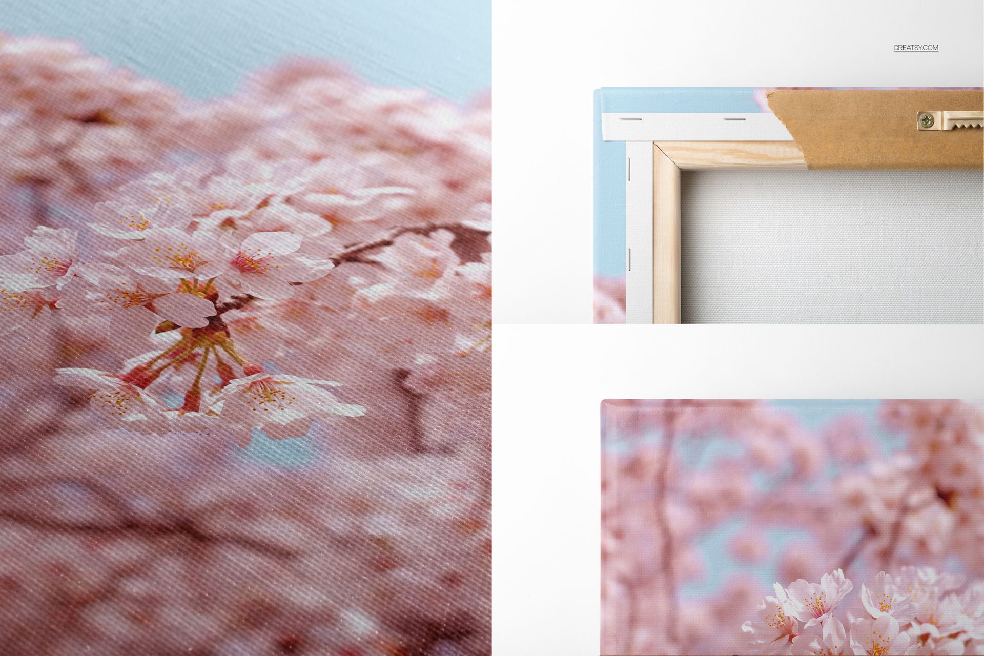 Cotton canvas PSD mockup set showing a floral print with cherry blossoms, gallery wrap edges, and visible canvas texture.