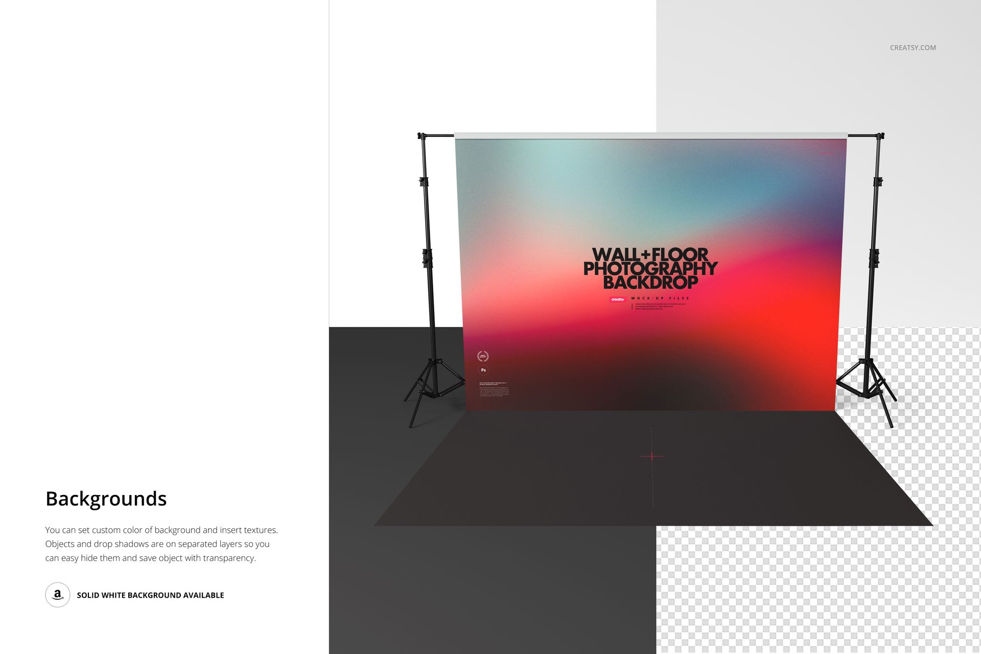 Wall and floor photography backdrop mockup with gradient colors, shown from a front angle in a studio setup.