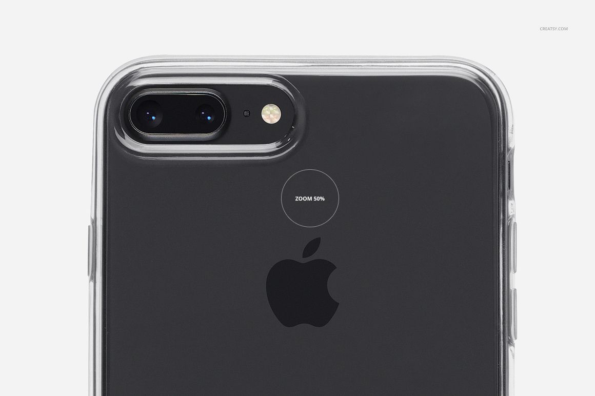 PSD mockup of a black iPhone 8 Plus featuring a clear protective case, dual cameras, and minimal white background.