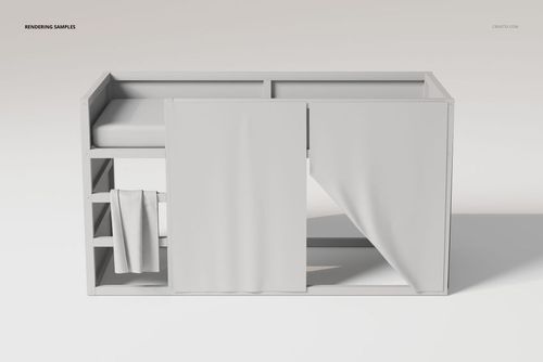 Front view of a reversible bunk bed set in light gray, featuring a curtain panel and open shelving on the side.