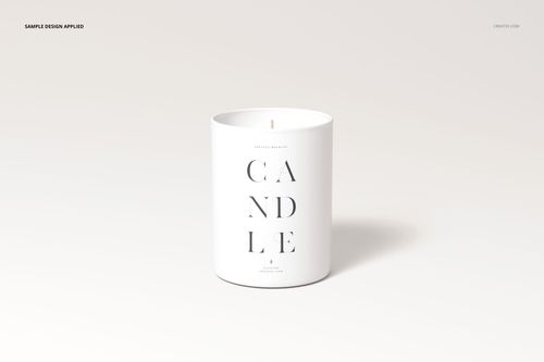 Minimalist cotton wick candle mockup featuring a white jar with simple black text, set against a soft beige backdrop.