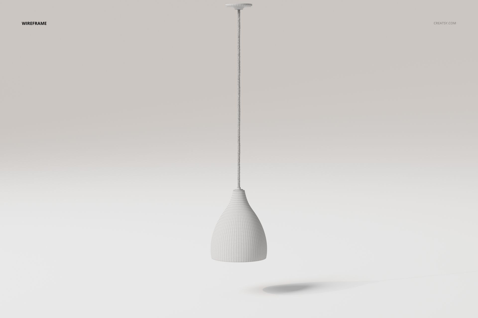 Front view of a bell-shaped pendant lamp in white, suspended from the ceiling with a textured cord against a light background.