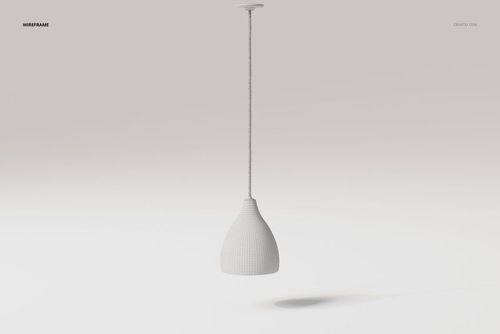 Front view of a bell-shaped pendant lamp in white, suspended from the ceiling with a textured cord against a light background.