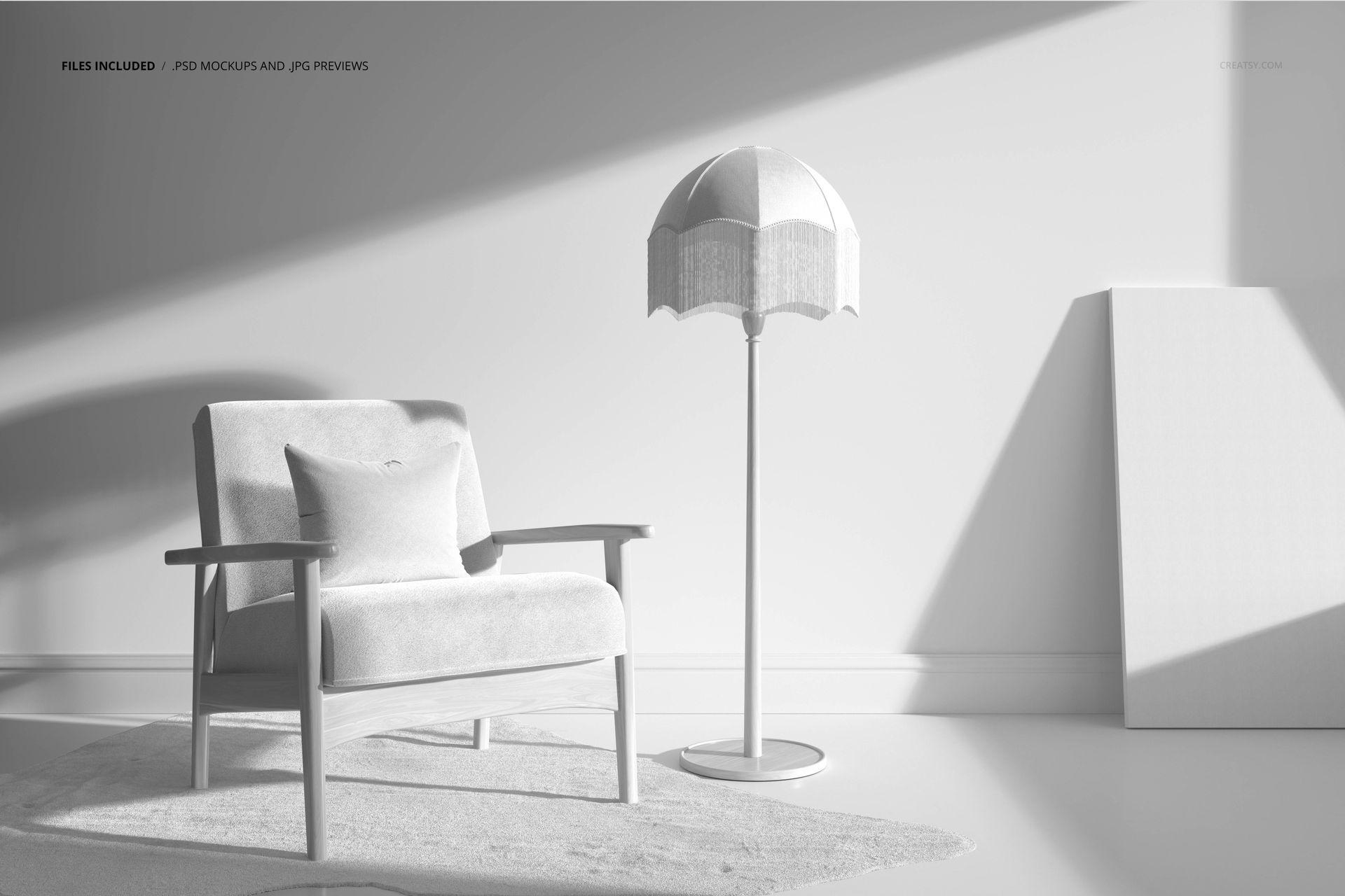 Front view of a neutral-toned armchair with cushion and a floor lamp in a minimalist interior mockup scene.
