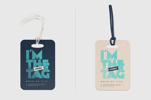 PSD mockup showing two luggage tags side by side, one in navy blue and one in beige, each with contrasting straps.