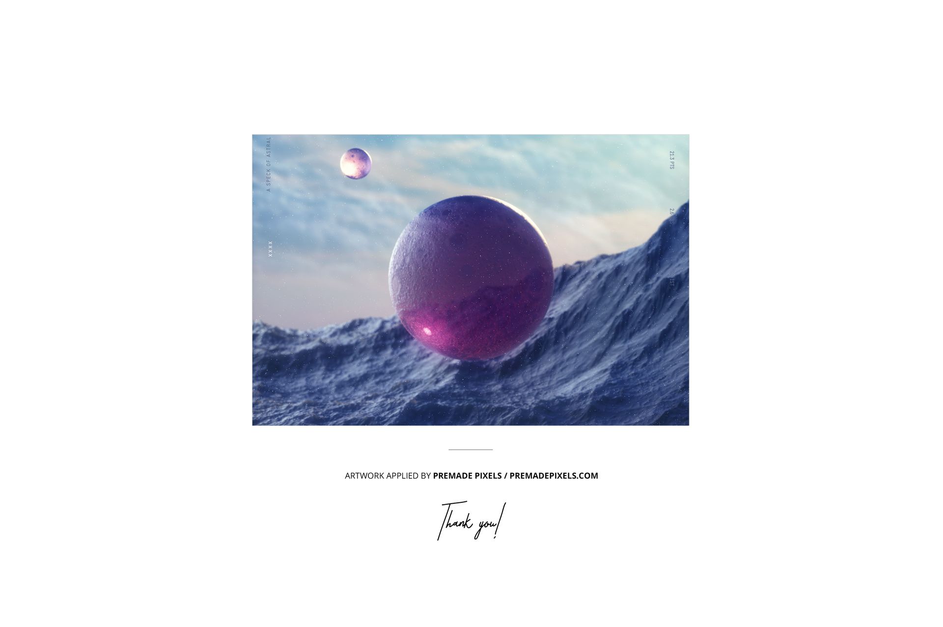 Front view of a vinyl record cover mockup featuring a swirl effect with purple and blue tones and floating spheres.